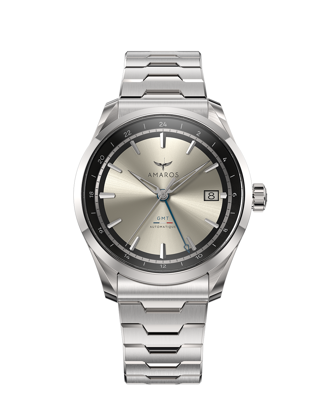 Silver watch with a metallic face on a white background